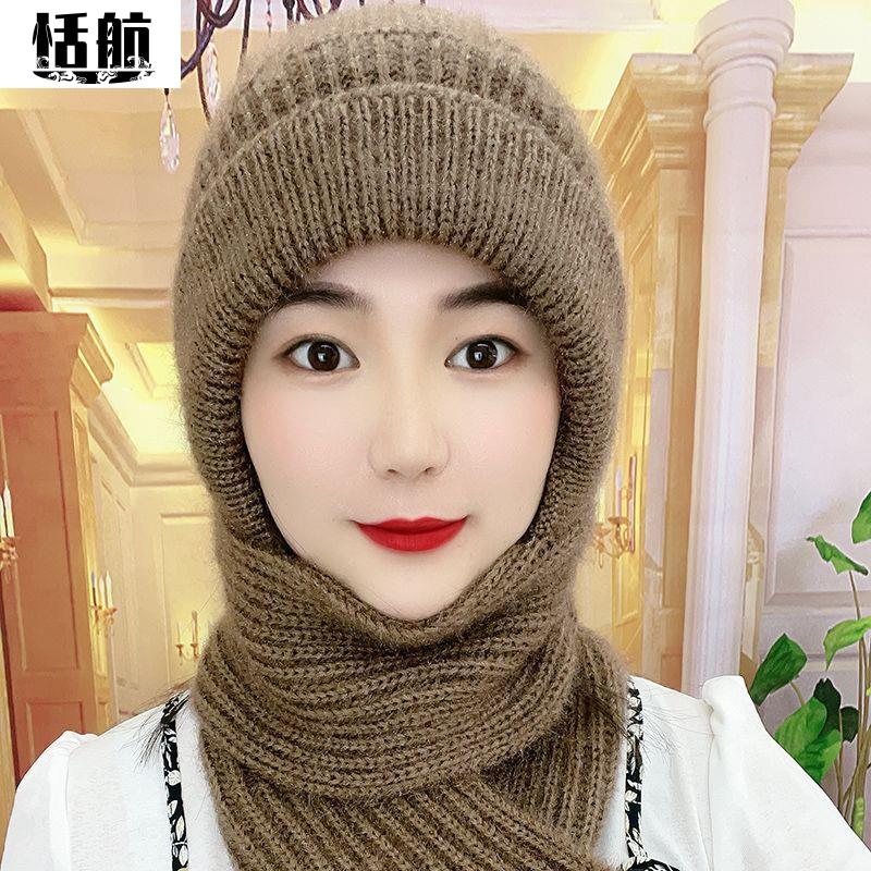 新款帽子围巾一体加绒加厚风雪帽秋冬骑车绒毛线编织女保暖网红帽