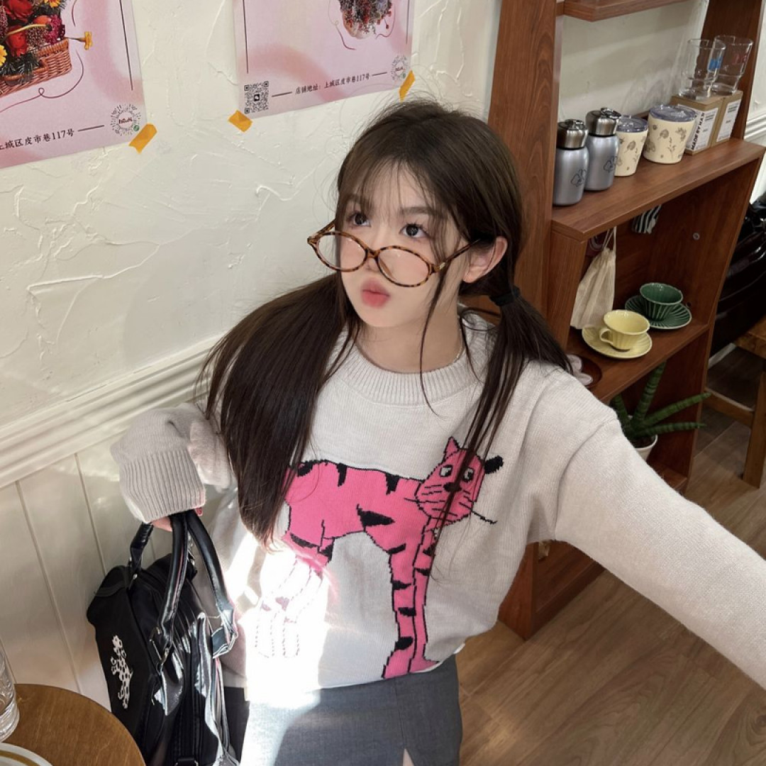 小众慵懒风毛衣女秋冬季oversize宽松设计感套头美式圆领针织上衣