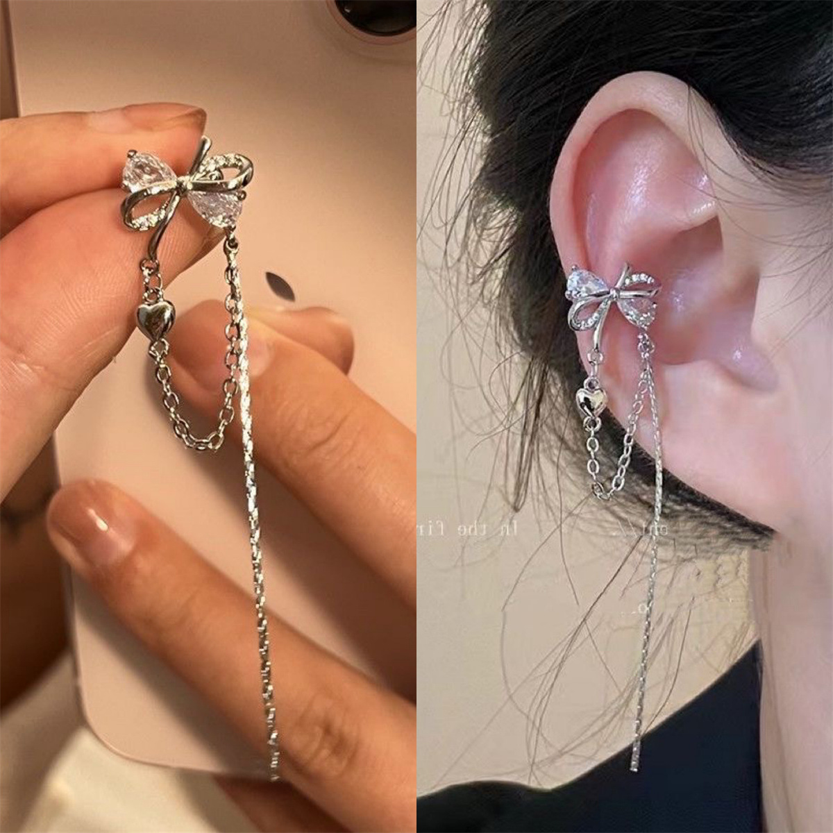 合金耳饰 锆石蝴蝶结耳夹女无耳洞耳夹轻奢ins小众设计感流苏耳环