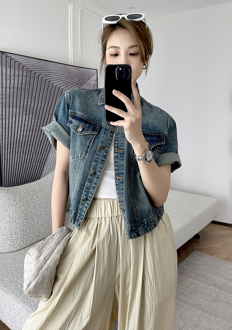 复古港风短袖牛仔衬衫外套女早春款宽松小开衫2024新款上衣小个子