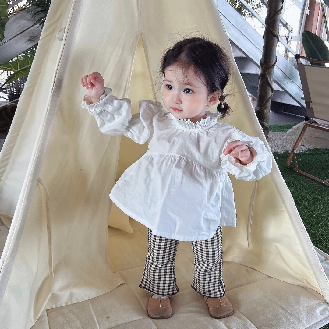 童装2023春款套装女童立领泡泡袖娃娃衫儿童修身小格子喇叭裤XHT