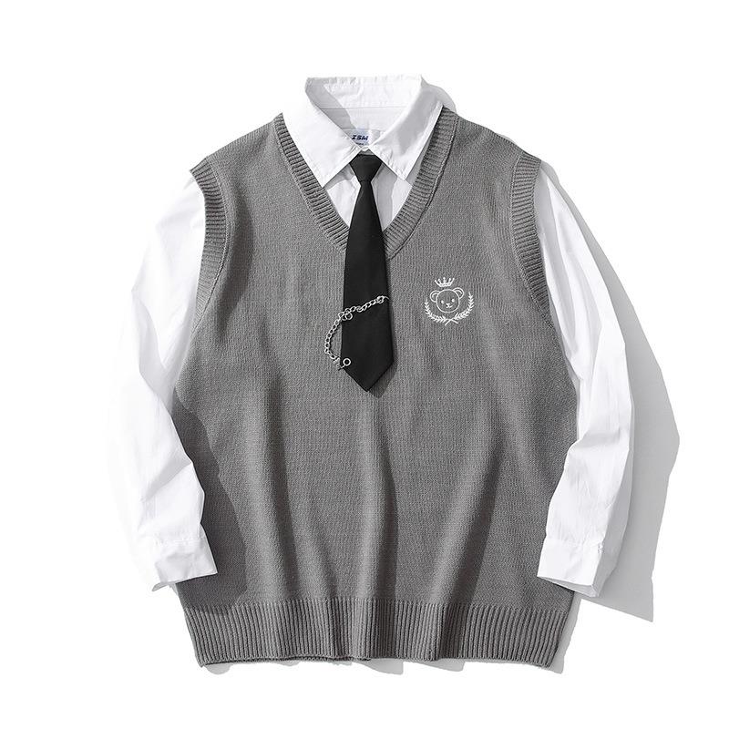 秋季新款毛背心拼接衬衫潮牌港风男女ins嘻哈宽松假两件情侣外套