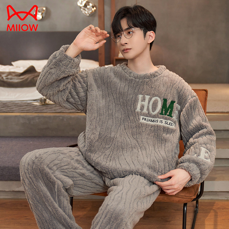 猫人法兰绒睡衣套装男加绒加厚珊瑚绒家居服可外穿KQM5343秋冬款