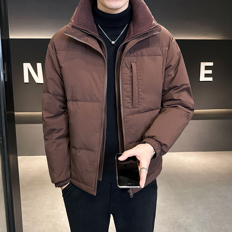 冬季假两件拼接针织双层领羽绒服外套男潮流纯色短款白鸭绒上衣男