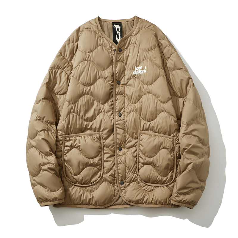 高档潮男秋冬季V领羽绒服外套男士 无领轻薄款美式休闲白鸭绒夹克