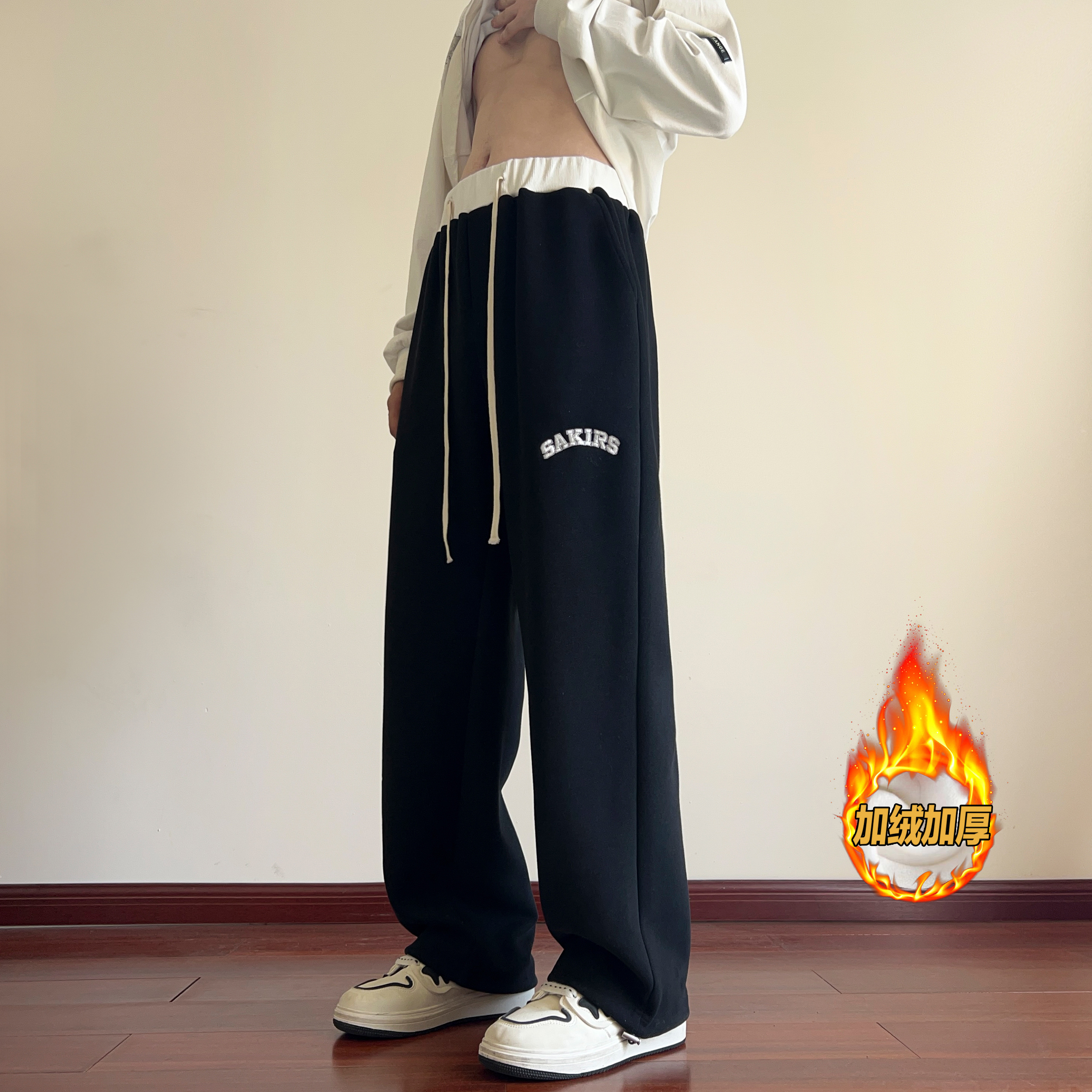 叁佰卫裤美式高街裤子男冬季加绒加厚直筒卫裤垂感宽松运动裤男士