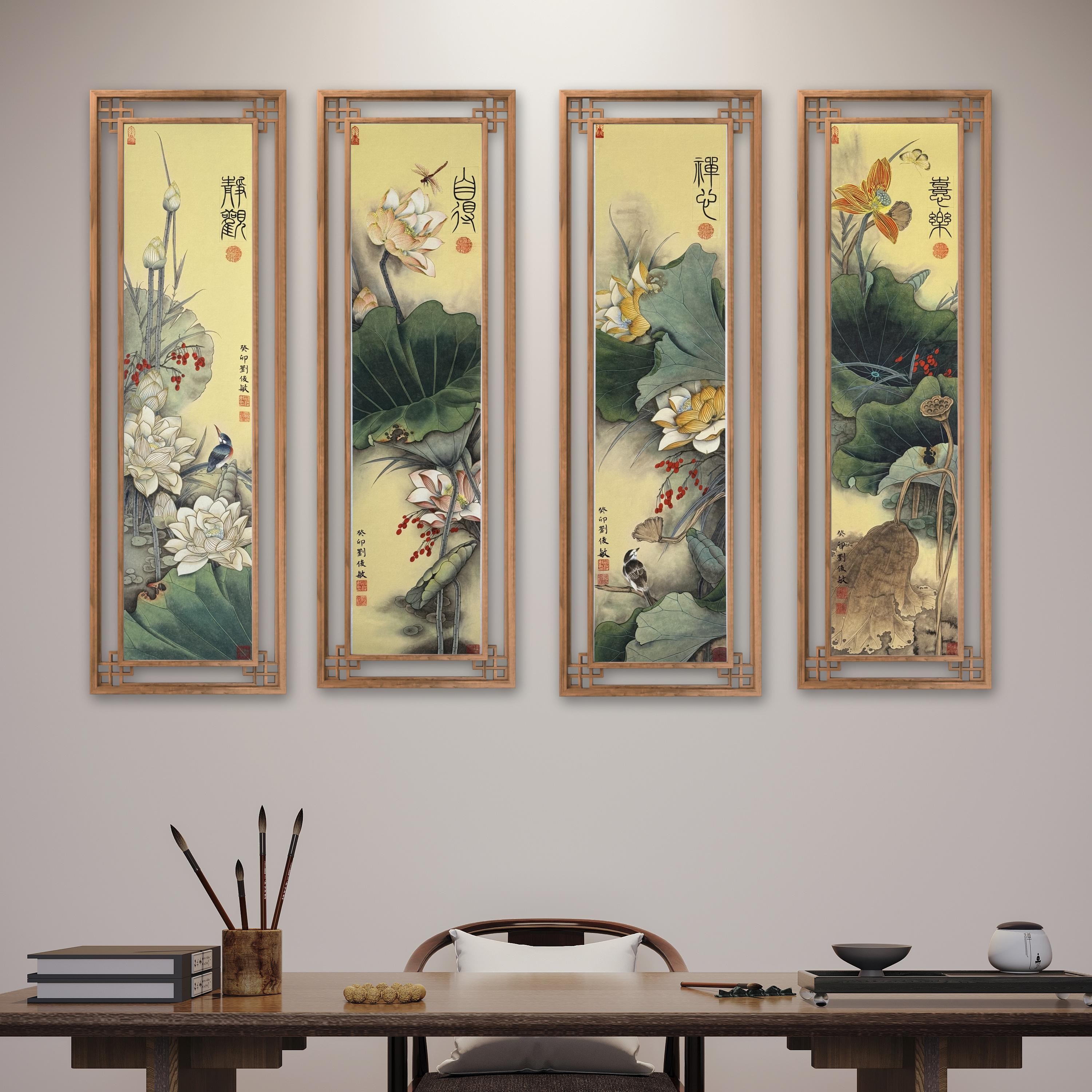 故宫名家刘俊敏作品《世界展会莲花四条屏》