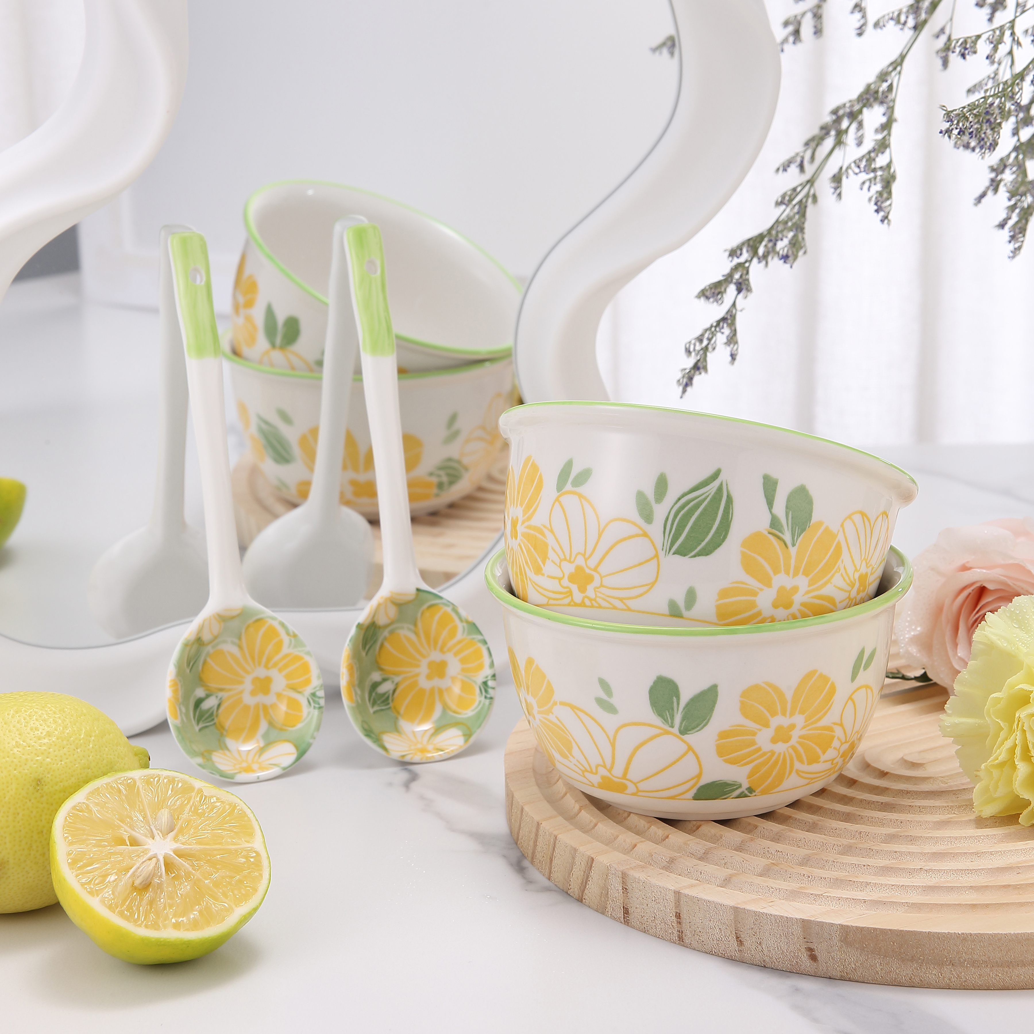 【风车花2碗2勺】高颜值小清新陶瓷家用米饭碗ins风釉下彩吃饭餐碗