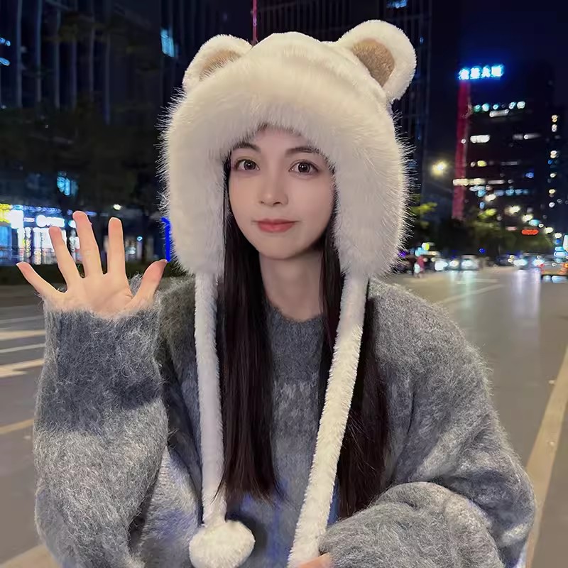 可爱小熊帽子女冬季雷锋帽护耳保暖防寒加厚毛绒骑车防风帽包头帽