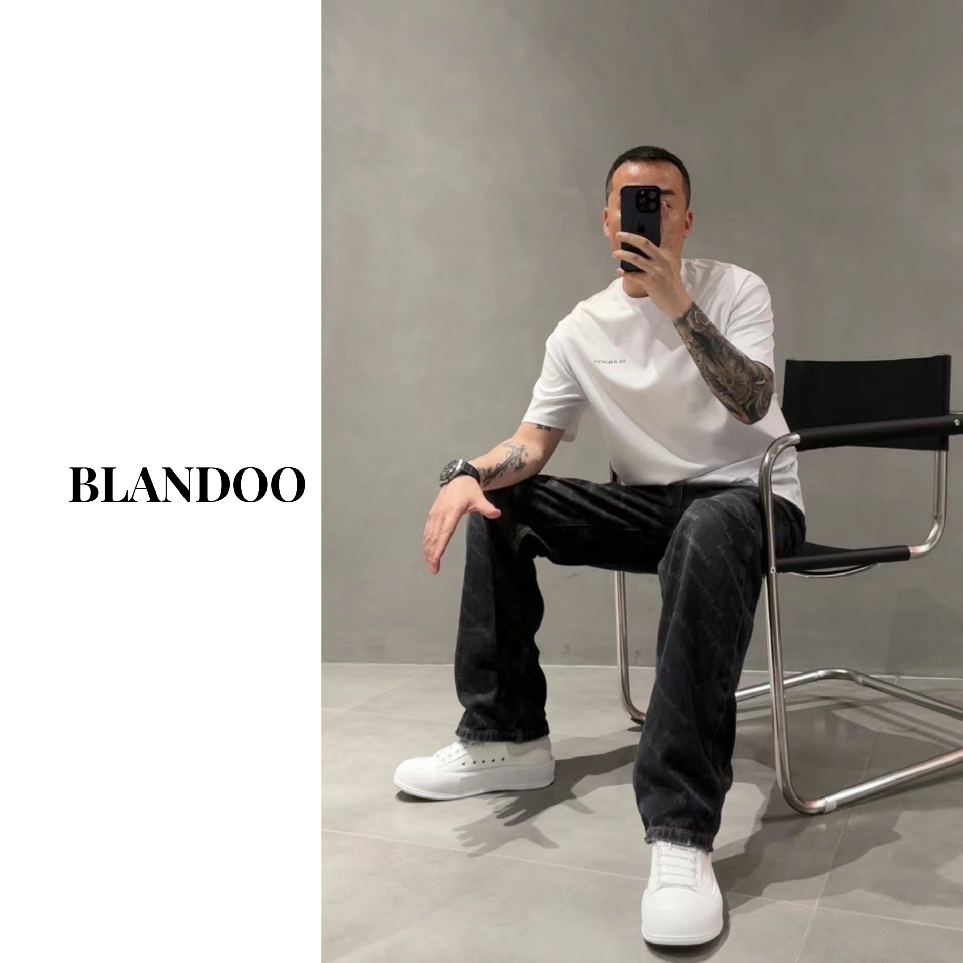 BLANDOO 设计师款男士复古水洗印花直筒牛仔裤W12013