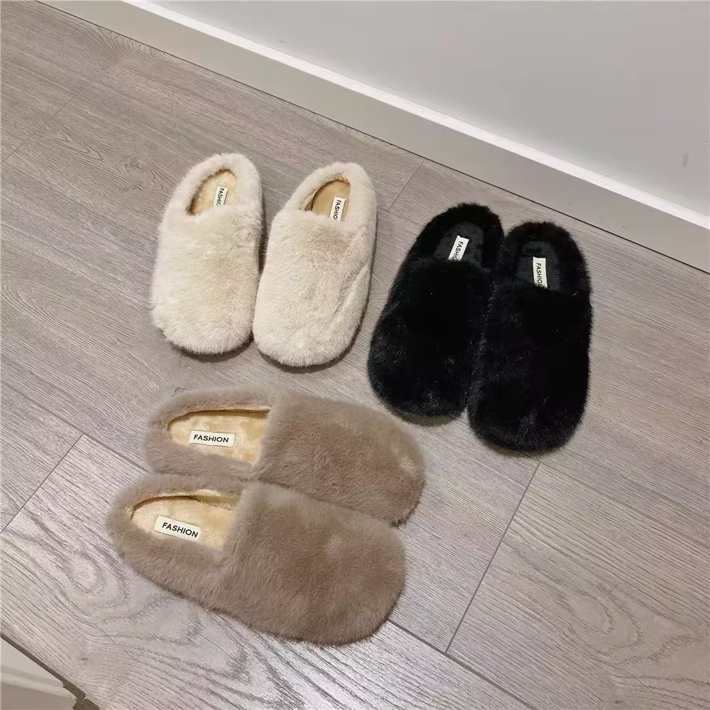 #X6-1加绒毛毛鞋半拖鞋女外穿软底平底鞋