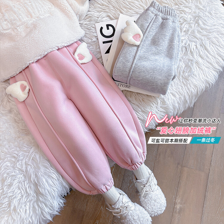 一条过冬冬装女童卫裤宝宝绒裤子爱心小翅膀加绒加厚羊羔毛卫裤