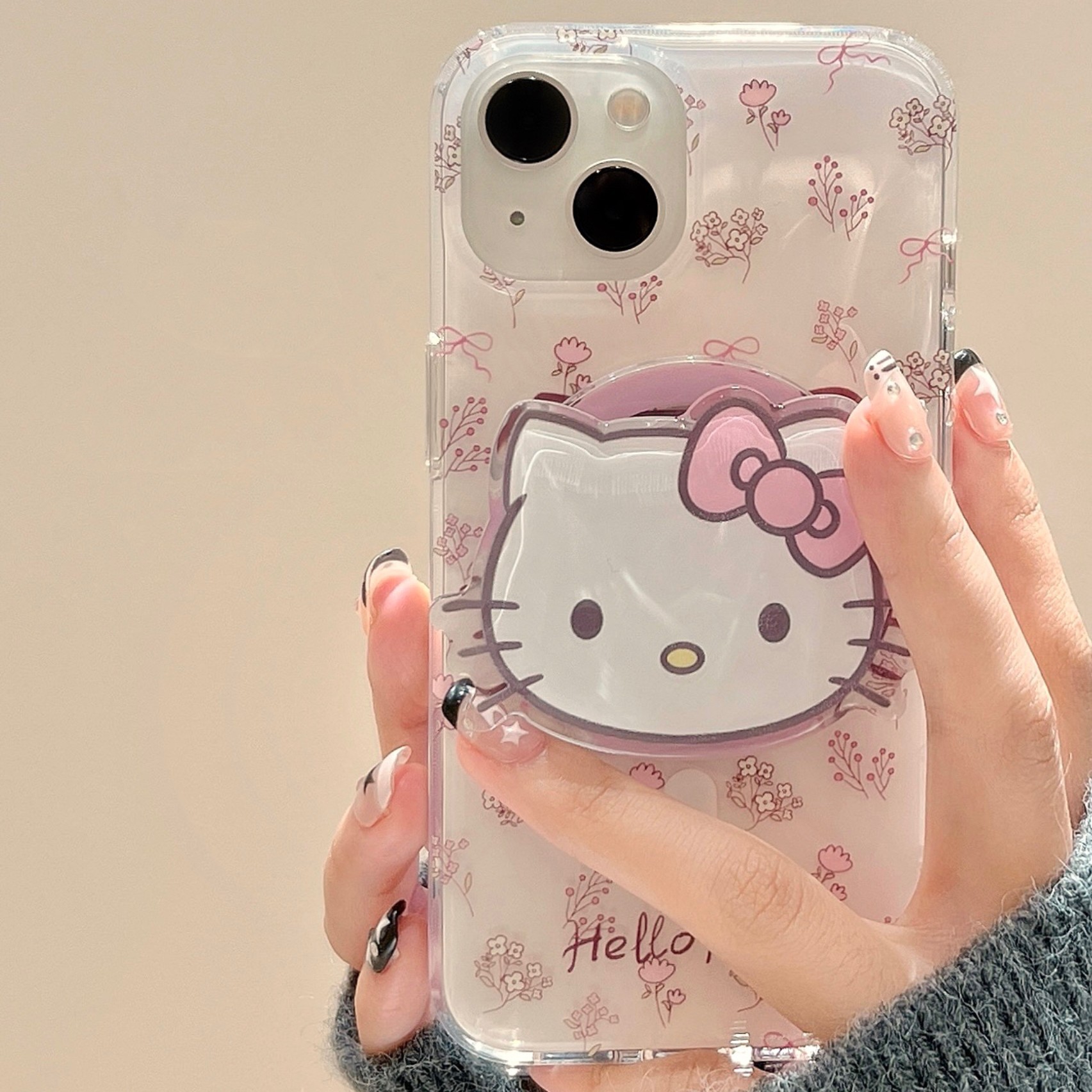 温柔风小碎花卡通猫咪磁吸支架适用苹果15手机壳可爱女新款手机壳
