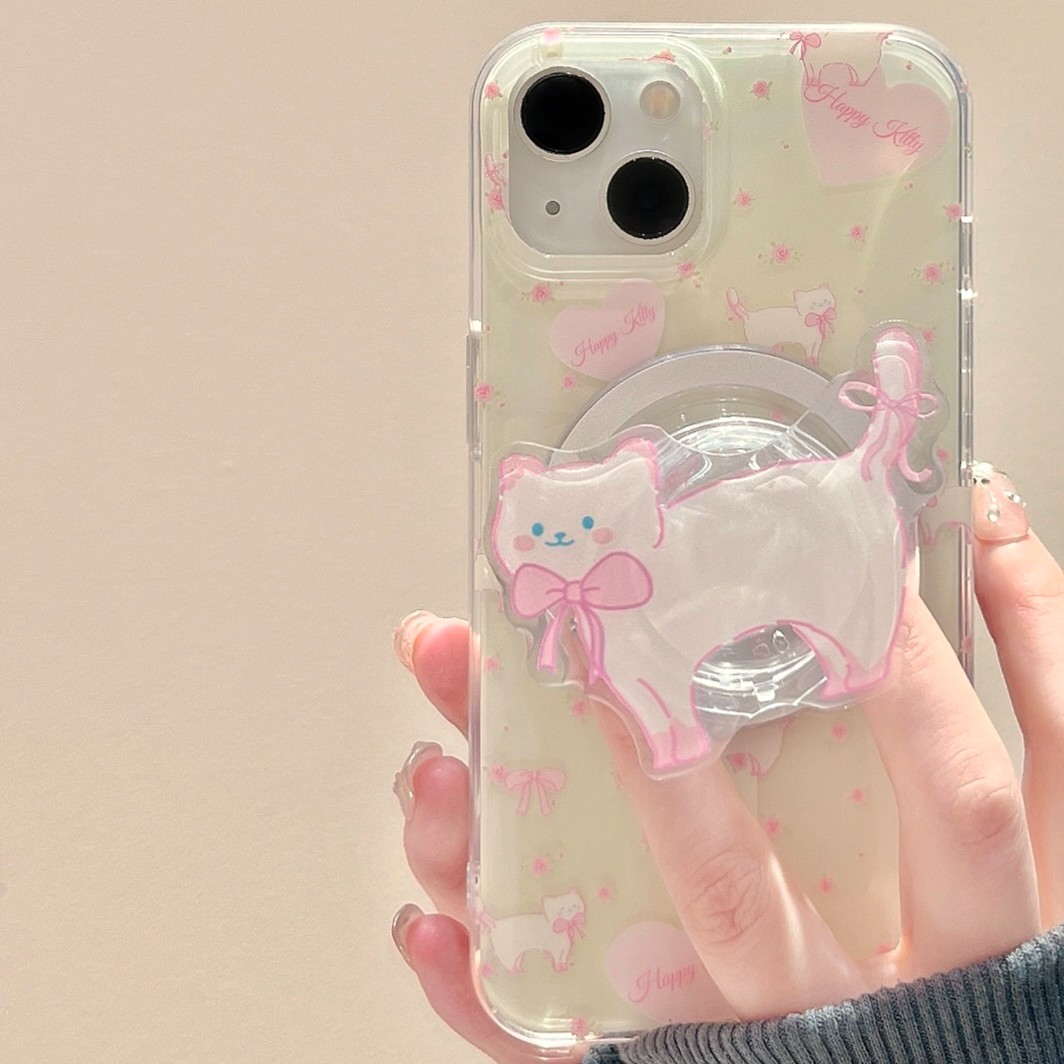 卡通可爱猫咪磁吸支架适用苹果15手机壳iphone14新款13promax女款