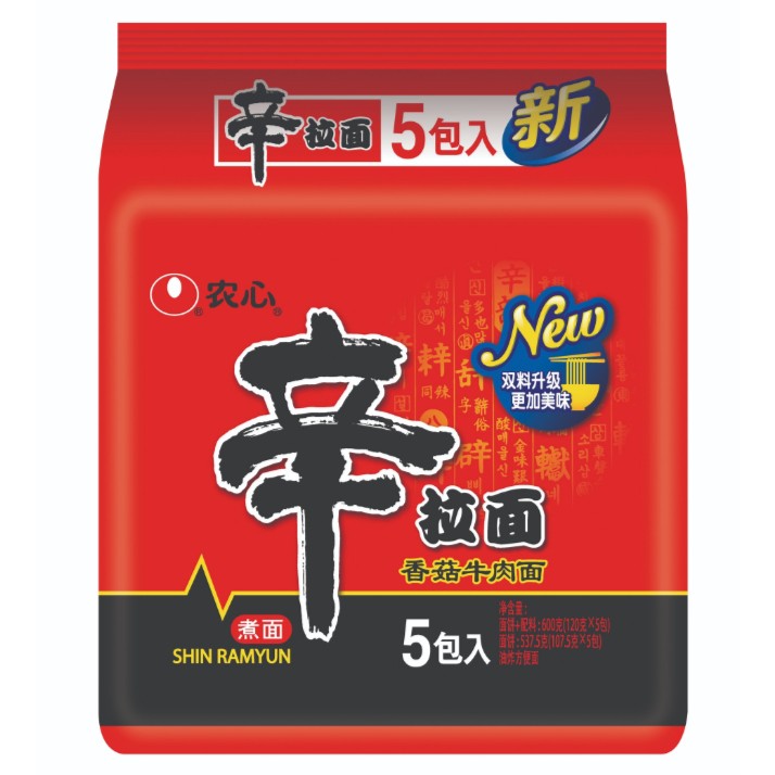 农心香菇牛肉辛拉面120g五连包韩式牛肉面方便面泡面速食面煮面