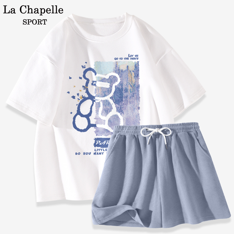 拉夏贝尔运动服套装女2023新款夏季纯棉短袖短裤休闲减龄两件套