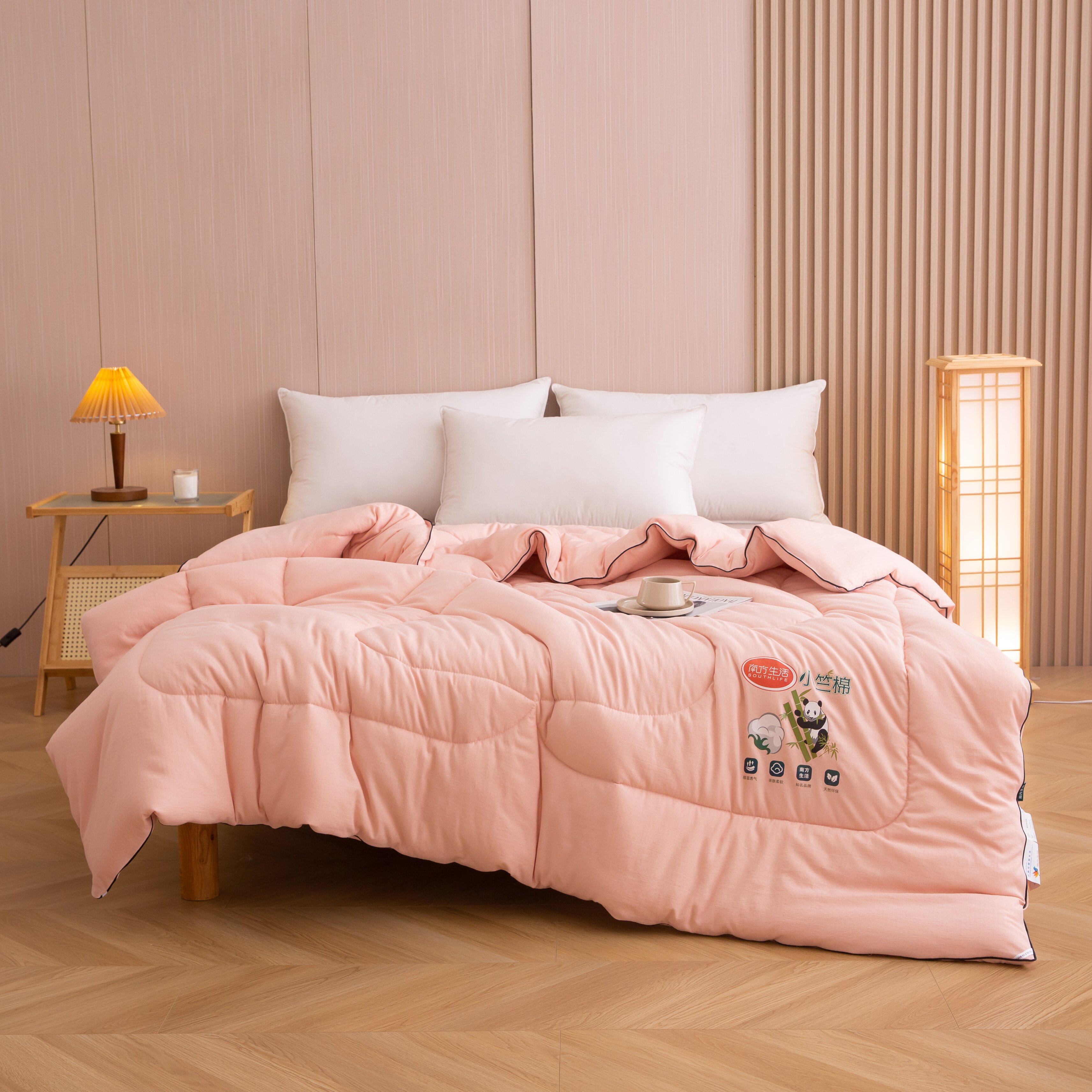 南方生活高端A类生物基加厚大豆纤维被冬被--熊猫抱竹-粉1.5米