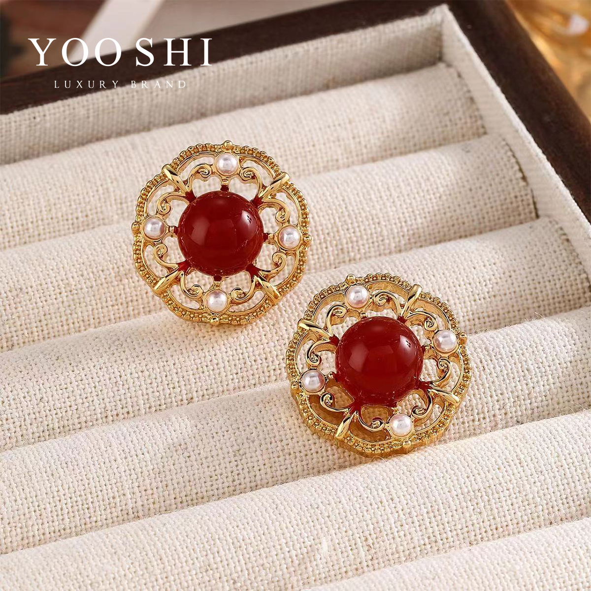 铜合金耳饰 红色珠珠复古气质简约耳环~4052