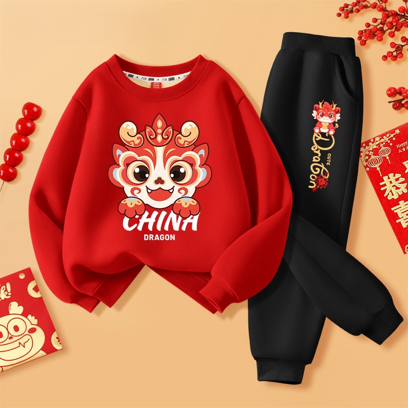 男女童加绒卫衣秋冬保暖2023新款中大童红色新年喜庆拜年服套装潮