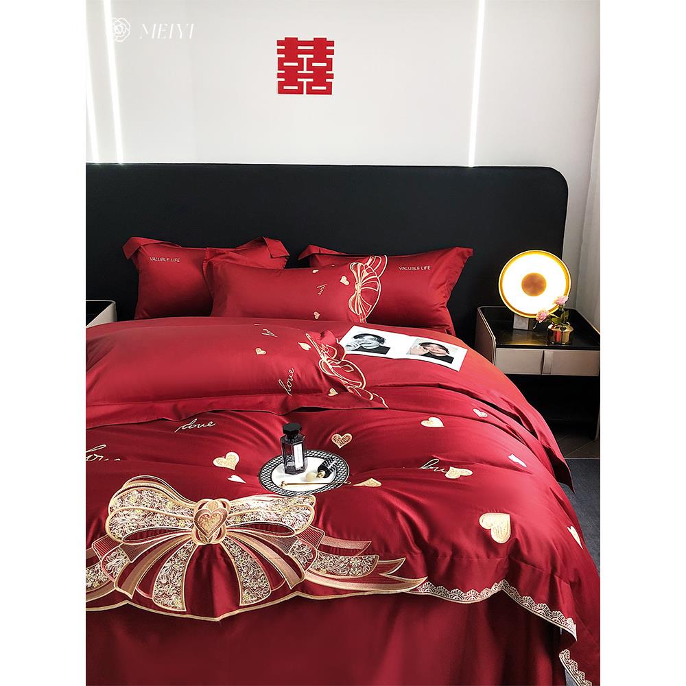 新婚雅婚庆四件套全棉100支高端提花蝴蝶结红色被套结婚床上用品