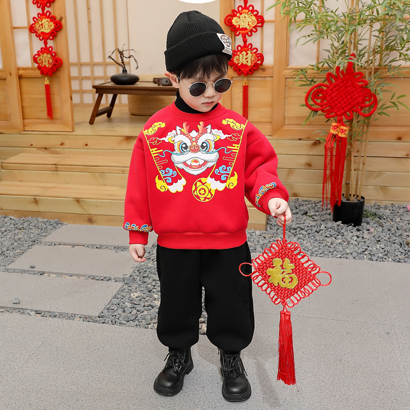男童拜年服龙年新款2024年新款冬季潮加绒加厚男宝宝洋气唐装龙年