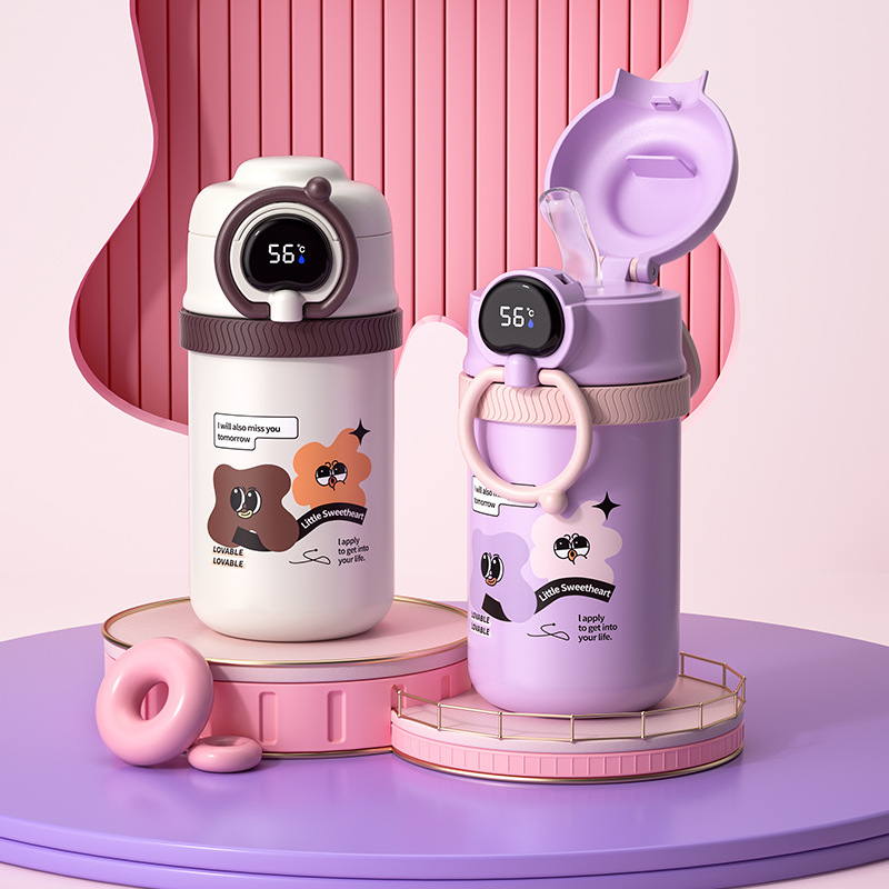 高颜值智能316不锈钢保温杯便携弹跳杯显示屏学生水杯小学生防摔