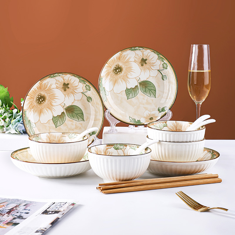 孟垣北欧复古山茶花16件网红高温釉下彩碗盘勺子筷套装陶瓷餐具