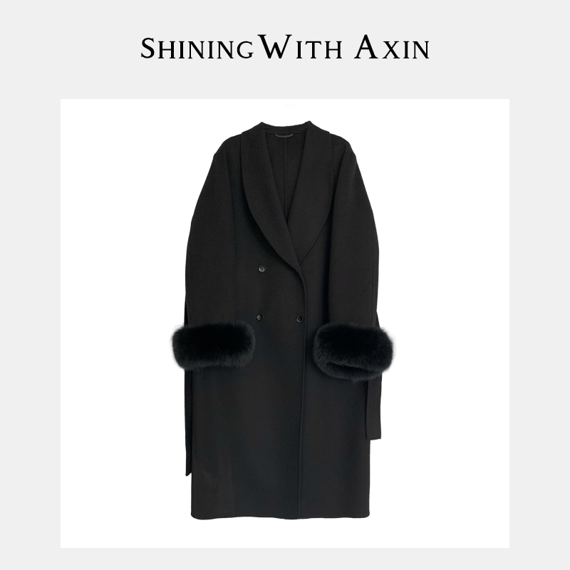 阿昕亮晶晶 香槟之夜 羊绒羊毛黑色长款双面呢大衣外套AX231266