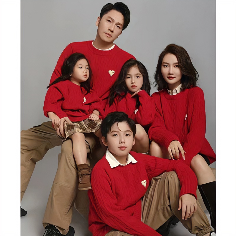 亲子装母子母女毛衣一家三口2023秋冬新款女童红色麻花毛衣家庭装