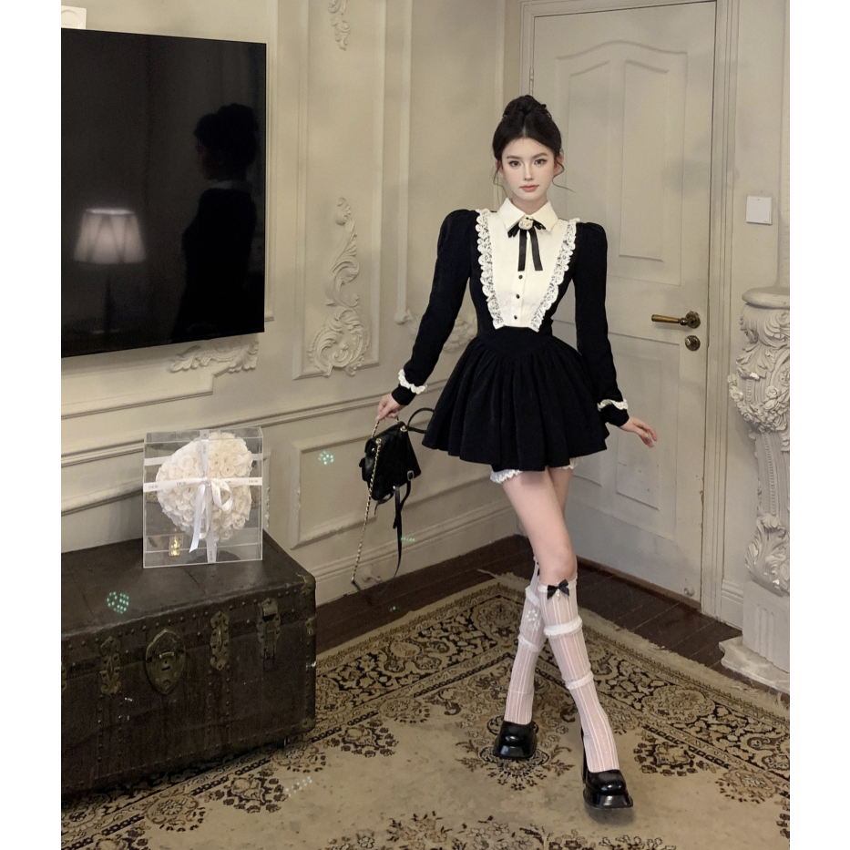 富家千金小香风复古蕾丝上衣公主蓬蓬裙高级感小洋装秋