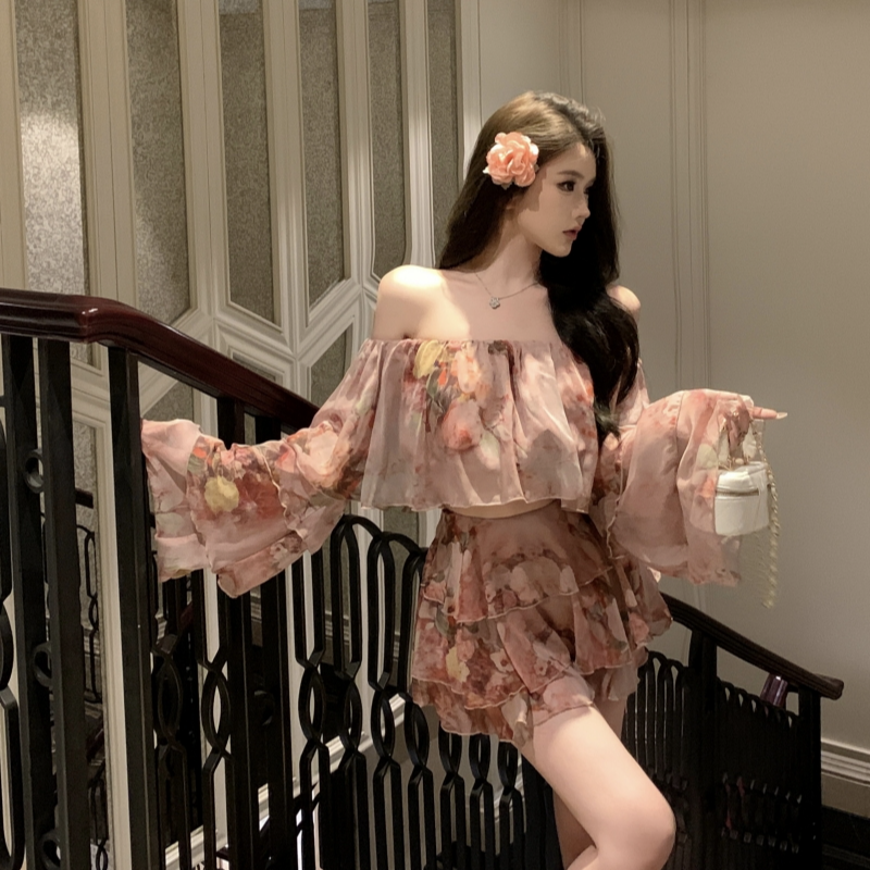 美式韩版小众干枯玫瑰一字肩慵懒印花衬衫荷叶边裙摆半裙套装女春