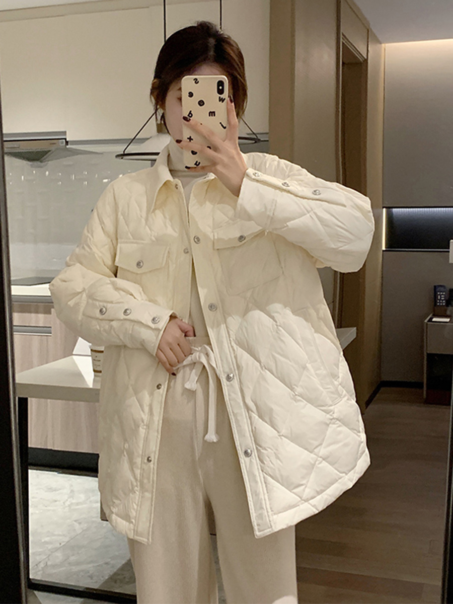 轻薄夹棉女秋冬2023年新款小个子菱格韩系短款翻领衬衫式外套绗缝