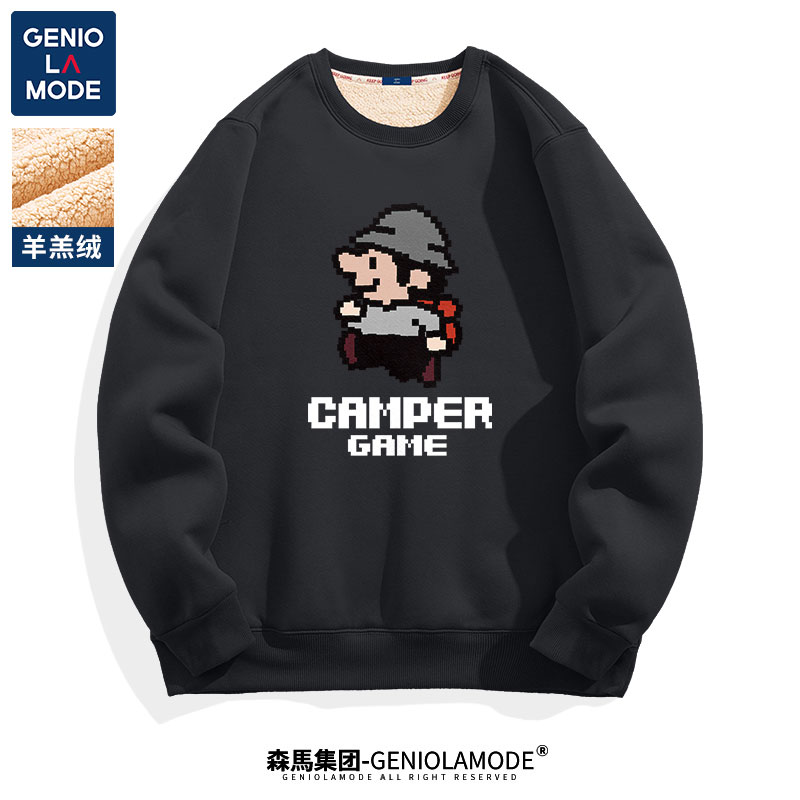 GENIOLAMODE日系加绒加厚卫衣男圆领宽松长袖高街羊羔绒潮流上衣