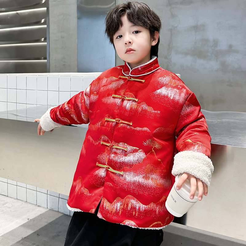 儿童装男童外套加绒加厚冬季2024新款男孩红色龙年本命年衣服汉服