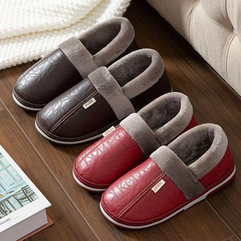 冬季森马潮新款棉拖鞋秋冬季中老年室内PU皮防滑加绒包跟棉鞋女外