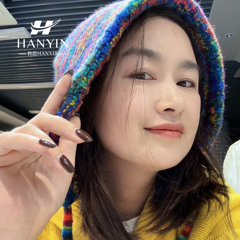 彩虹渐变毛线帽子女秋冬季款显脸小包头帽民族风保暖针织帽雷锋帽