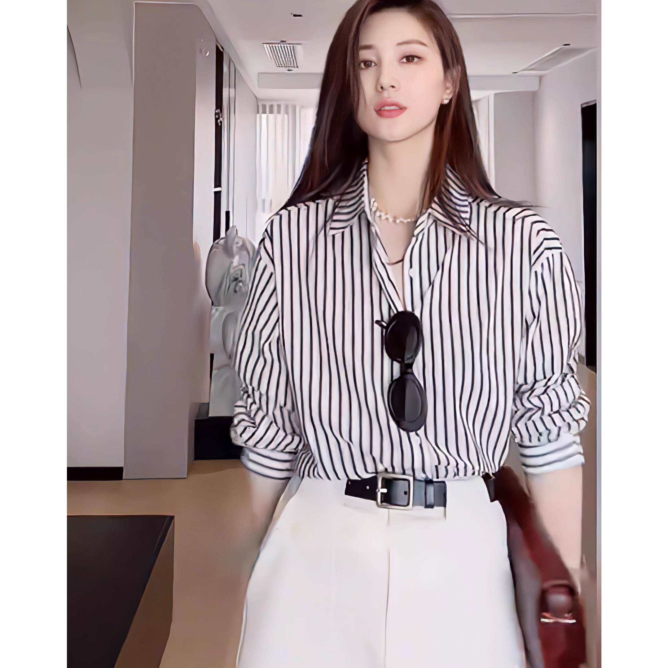 HMY 2023韩版条纹衬衫女宽松慵懒风上衣简约通勤两件套半身裙百搭