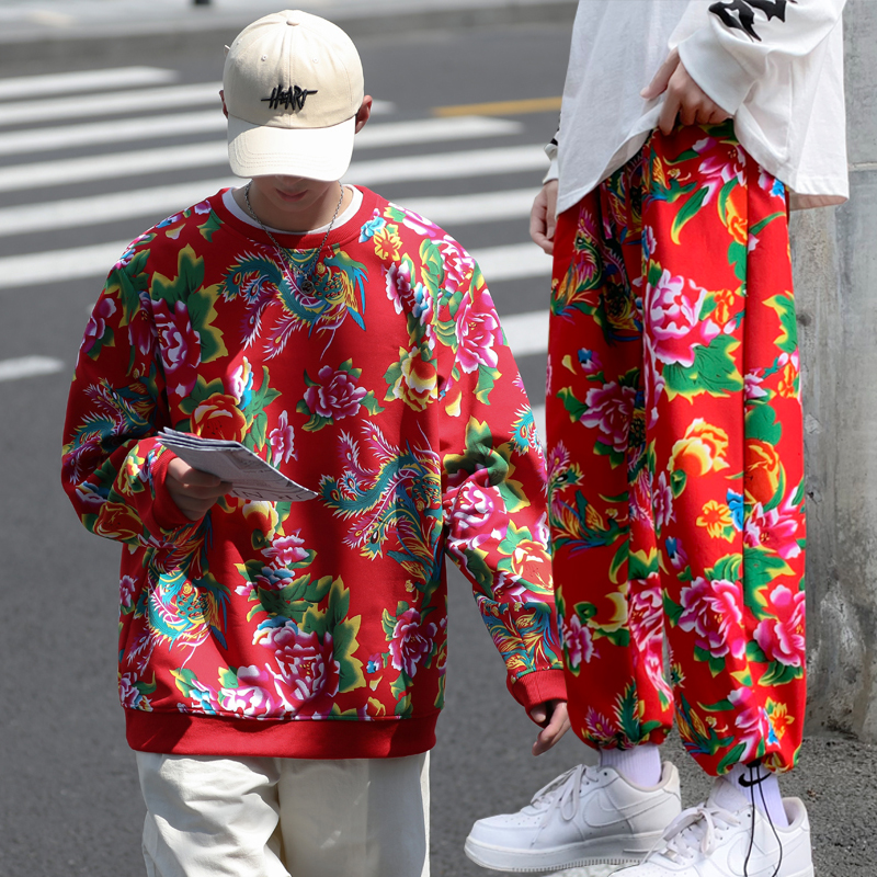 中国风大花套装roora情侣款潮牌卫衣卫裤冬装加绒加厚帅气两件套