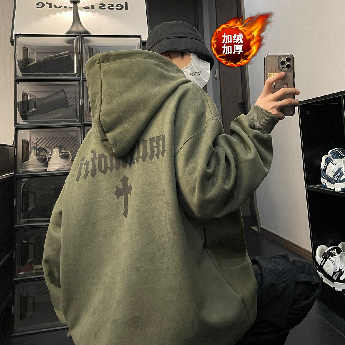 2023新款重磅秋冬季加绒卫衣男连帽加厚宽松外套潮流美式高街ins