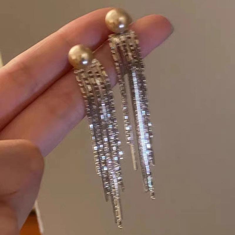 合金仿珍珠耳饰 气质奢华长款流苏珍珠耳环小众设计高级耳坠耳饰
