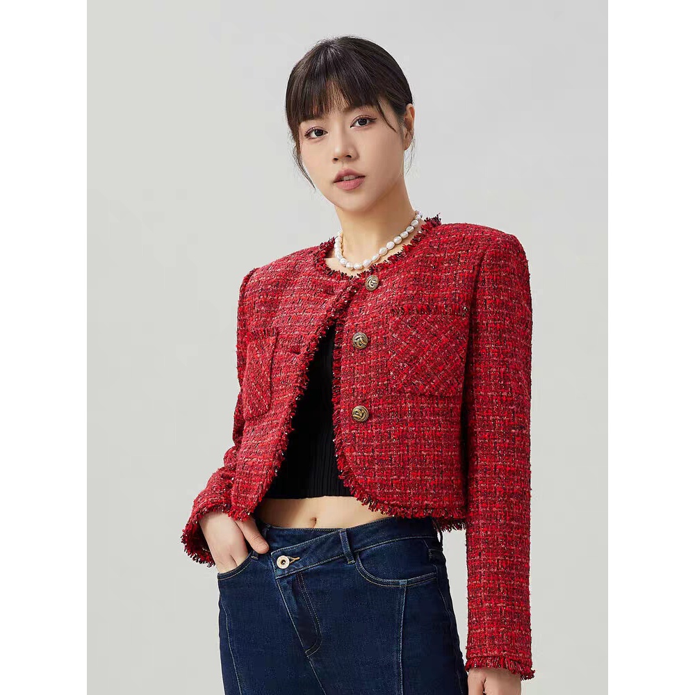 哥弟阿玛施正女装2023秋季新款精致复古圆领短款花纱小香风外套女