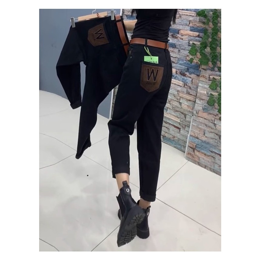 弹力哈伦牛仔裤大码春季2024新款胖mm设计感高腰显瘦萝卜老爹裤子