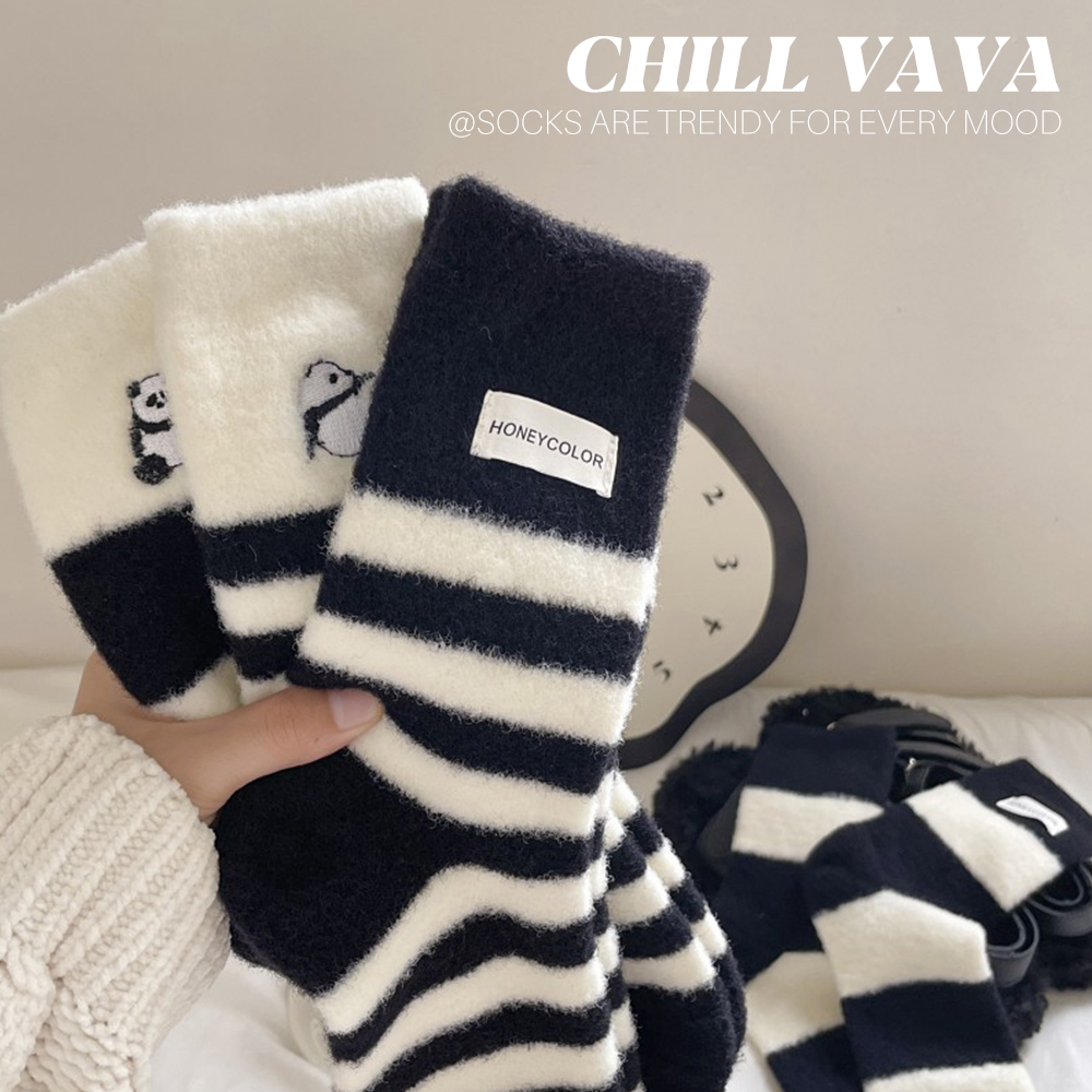 “一辈子不会过时的条纹”柔软澳绒熊猫刺绣女袜冬天网红ins风温柔