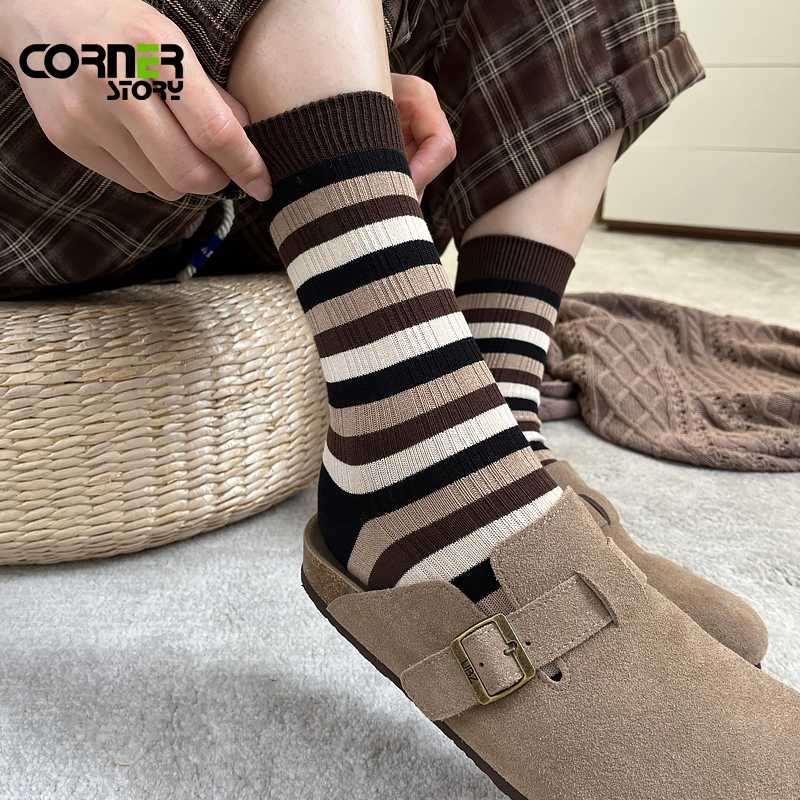 纯棉女袜双针条纹中筒袜吸汗防臭秋冬堆堆袜春秋穿搭全棉袜子女