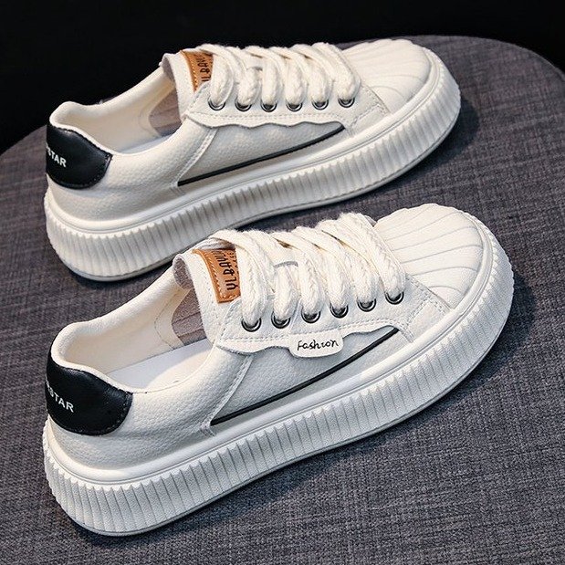 贝壳头小白鞋女厚底新款简约时尚舒适透气饼干鞋平底圆头网纱女鞋