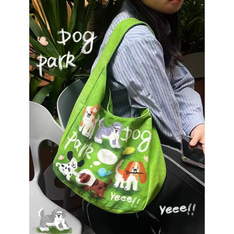 百搭新款踏青小狗单肩包小众大容量帆布包学生通勤托特包外出女包