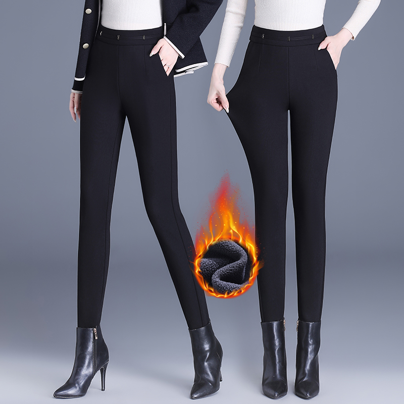 加绒加厚外穿高腰打底裤女秋冬季紧身显瘦保暖修身弹力黑色小脚裤