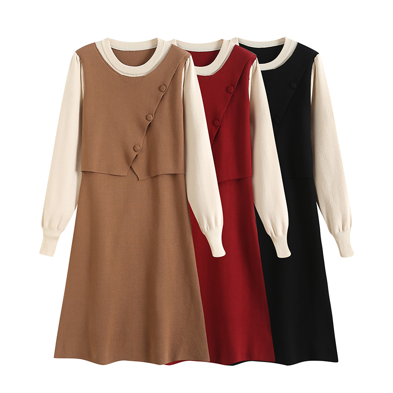 秋冬法式复古高级感连衣裙假两件拼接裙子气质显瘦长裙9310