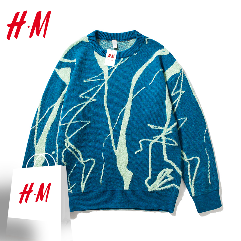 HM毛衣男款冬季情侣韩版潮牌潮流宽松涂鸦小众针织衫秋冬长袖上衣
