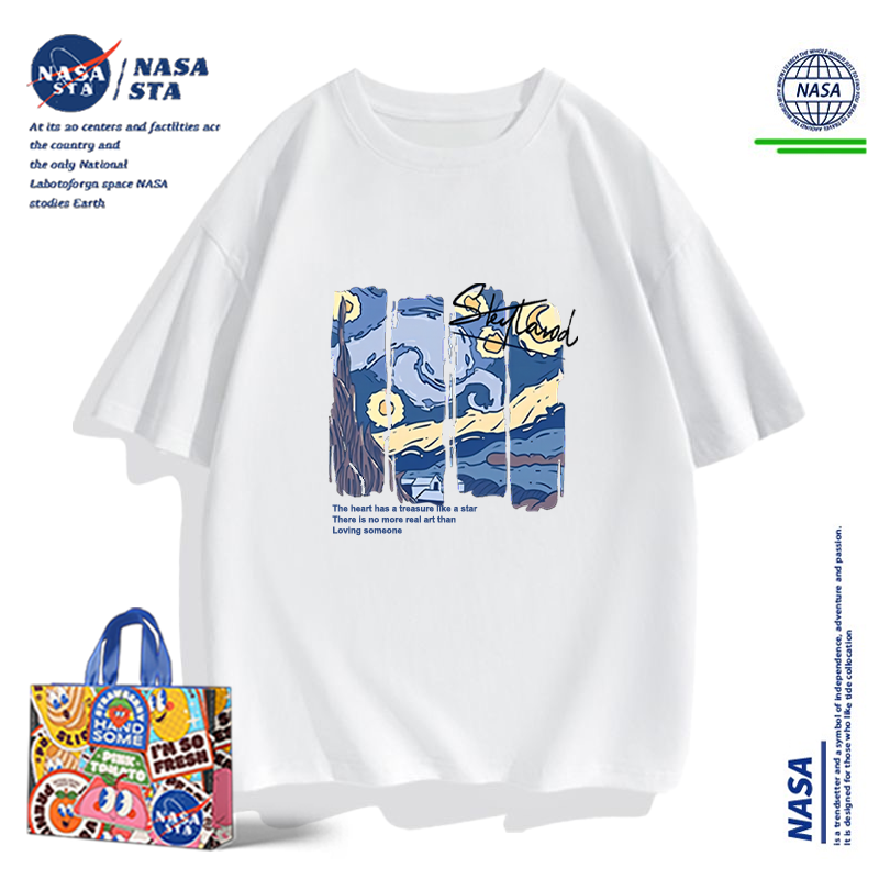 【100%棉】NASA白色正肩短袖T恤男女夏季重磅纯棉运动情侣装上衣